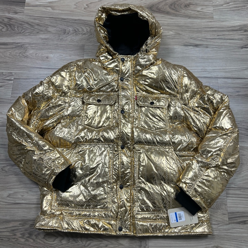 Levi's Metallic Gold Bandana Print Quilted Hooded Puffer Jacket Men's XL $225